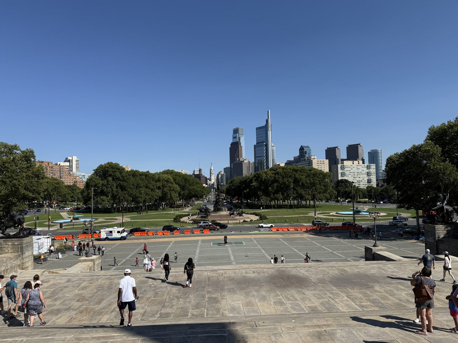 The Philadelphia skyline and Benjamin Franklin Parkway seen from the Art Museum steps